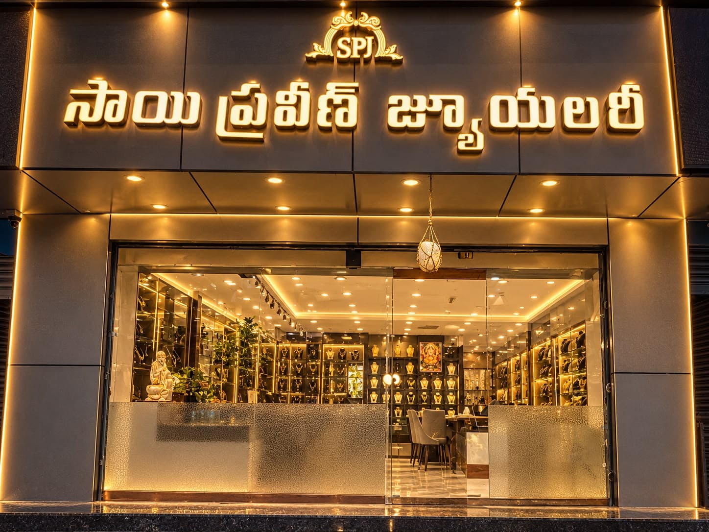 Sai Praveen Jewellery showroom glowing at evening