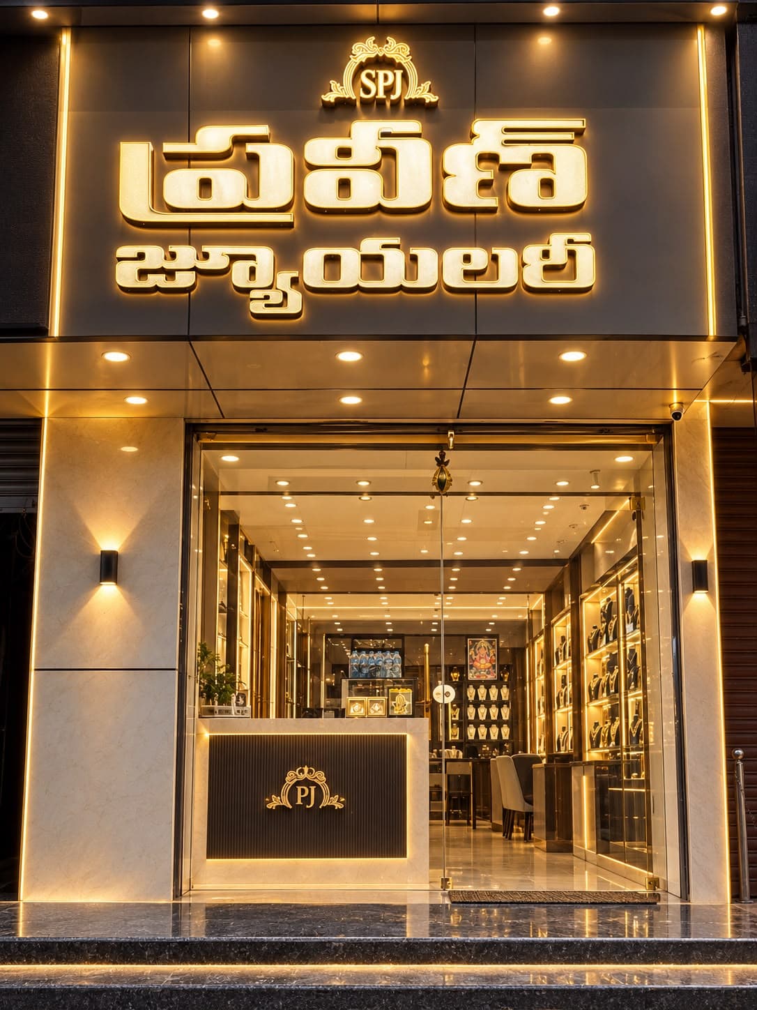 Sai Praveen Jewellery entrance and illuminated showroom sign